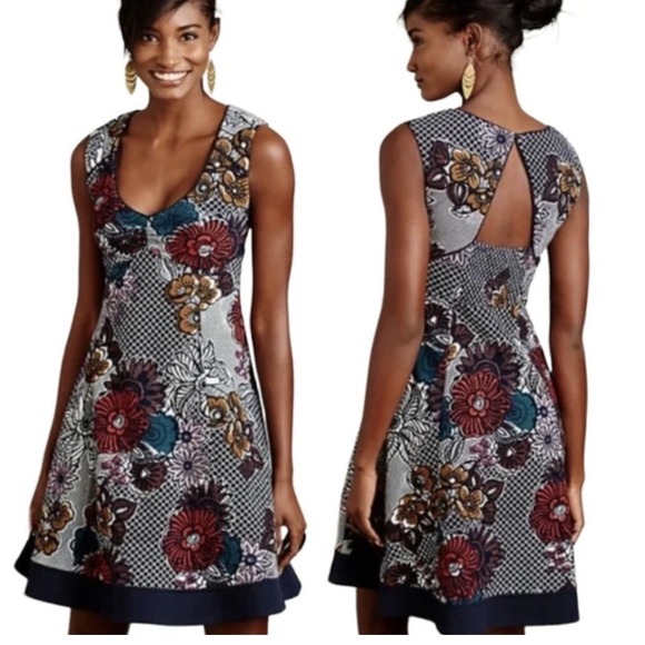 Maeve Dresses & Skirts - Anthropologie Maeve Floral Lattice Cut Out Back Fit Flare Mini Dress Multi Color